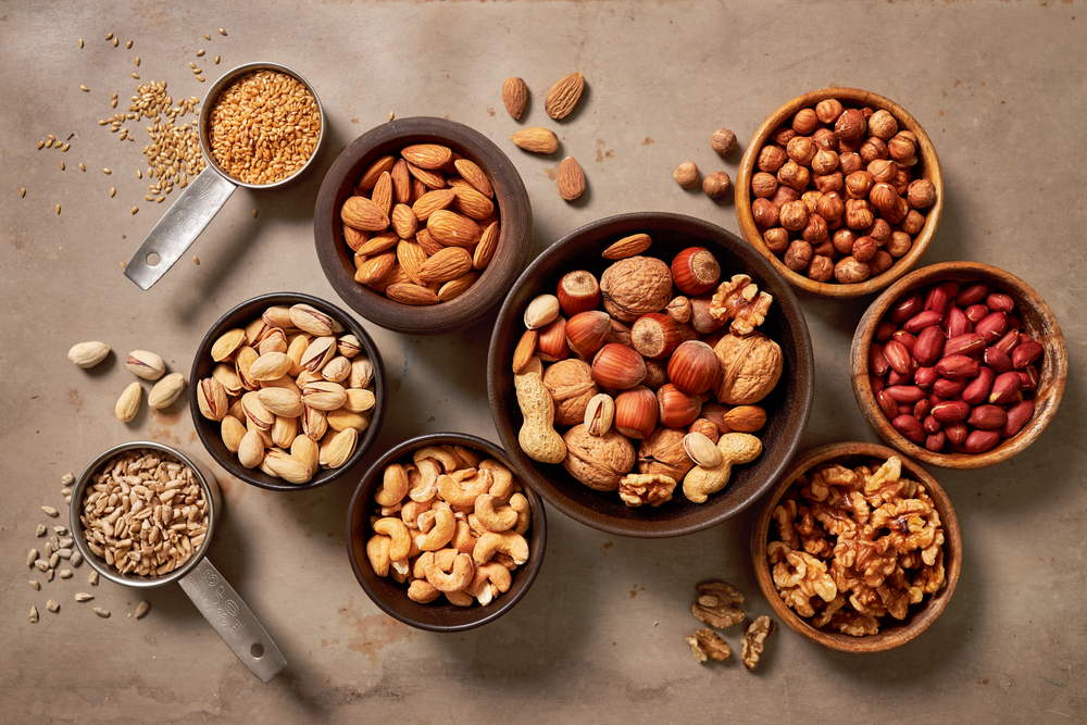 bowls of various nuts and seeds