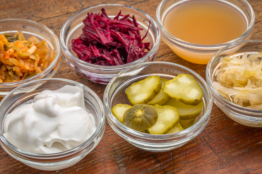 bowls of probiotic-rich fermented foods